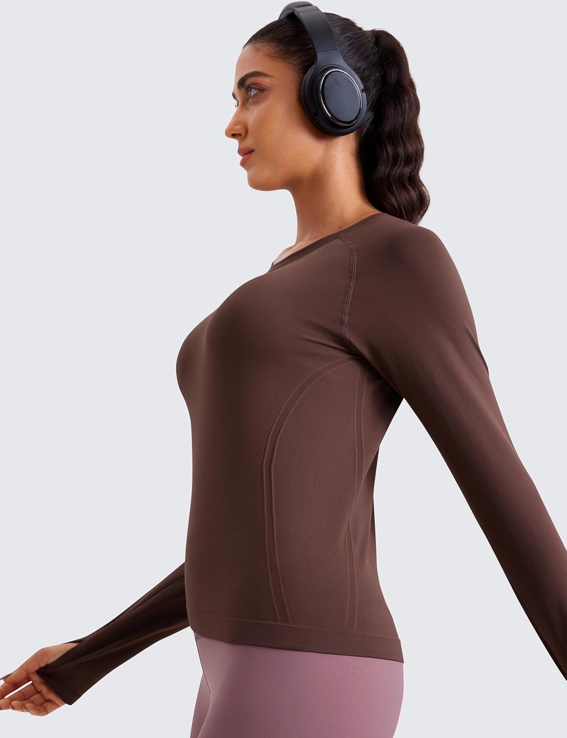imageCRZ YOGA Seamless Long Sleeve Shirts for Women Waist Length Workout Athletic Running Gym Yoga Tops Crewneck BreathableTaupe