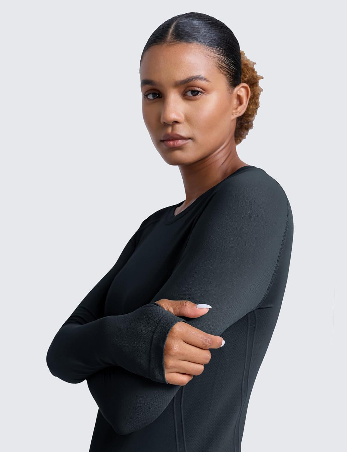 imageCRZ YOGA Seamless Long Sleeve Shirts for Women Waist Length Workout Athletic Running Gym Yoga Tops Crewneck BreathableTrue Navy