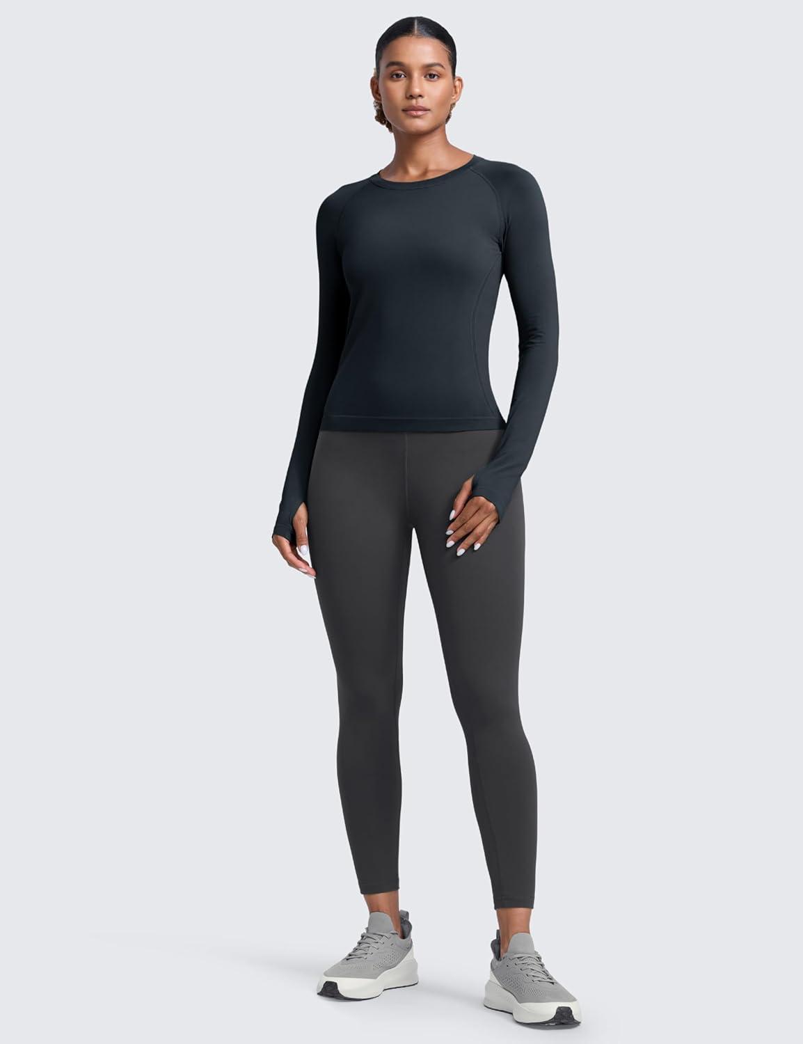 imageCRZ YOGA Seamless Long Sleeve Shirts for Women Waist Length Workout Athletic Running Gym Yoga Tops Crewneck BreathableTrue Navy