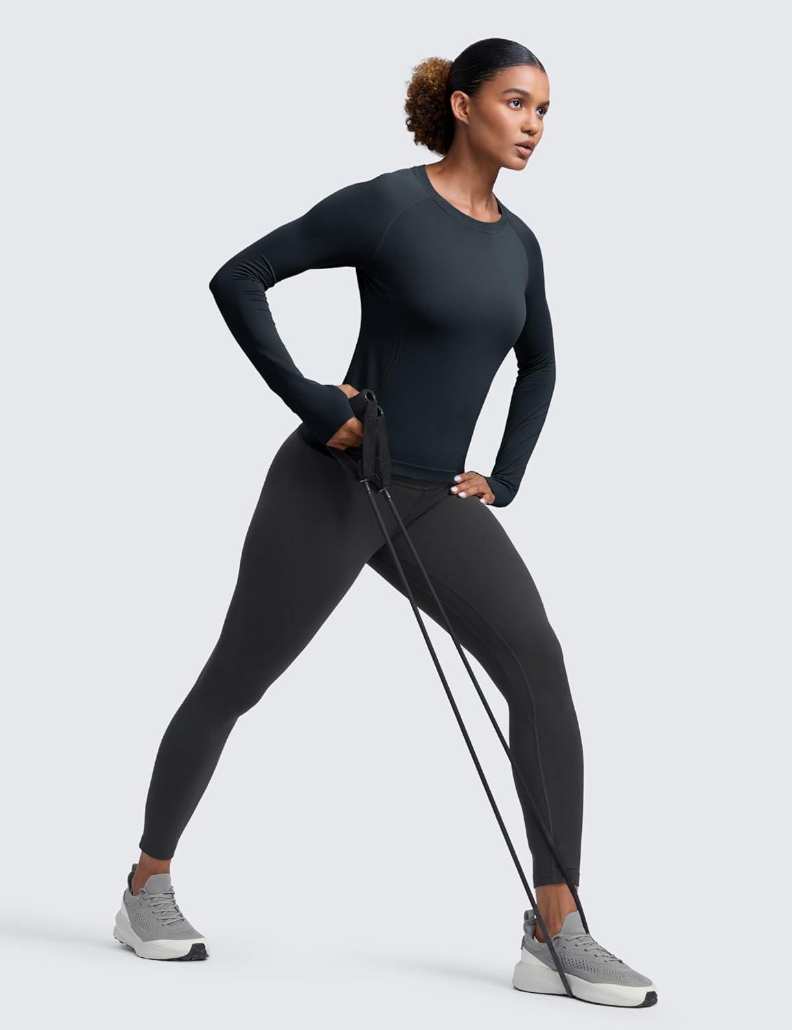 imageCRZ YOGA Seamless Long Sleeve Shirts for Women Waist Length Workout Athletic Running Gym Yoga Tops Crewneck BreathableTrue Navy