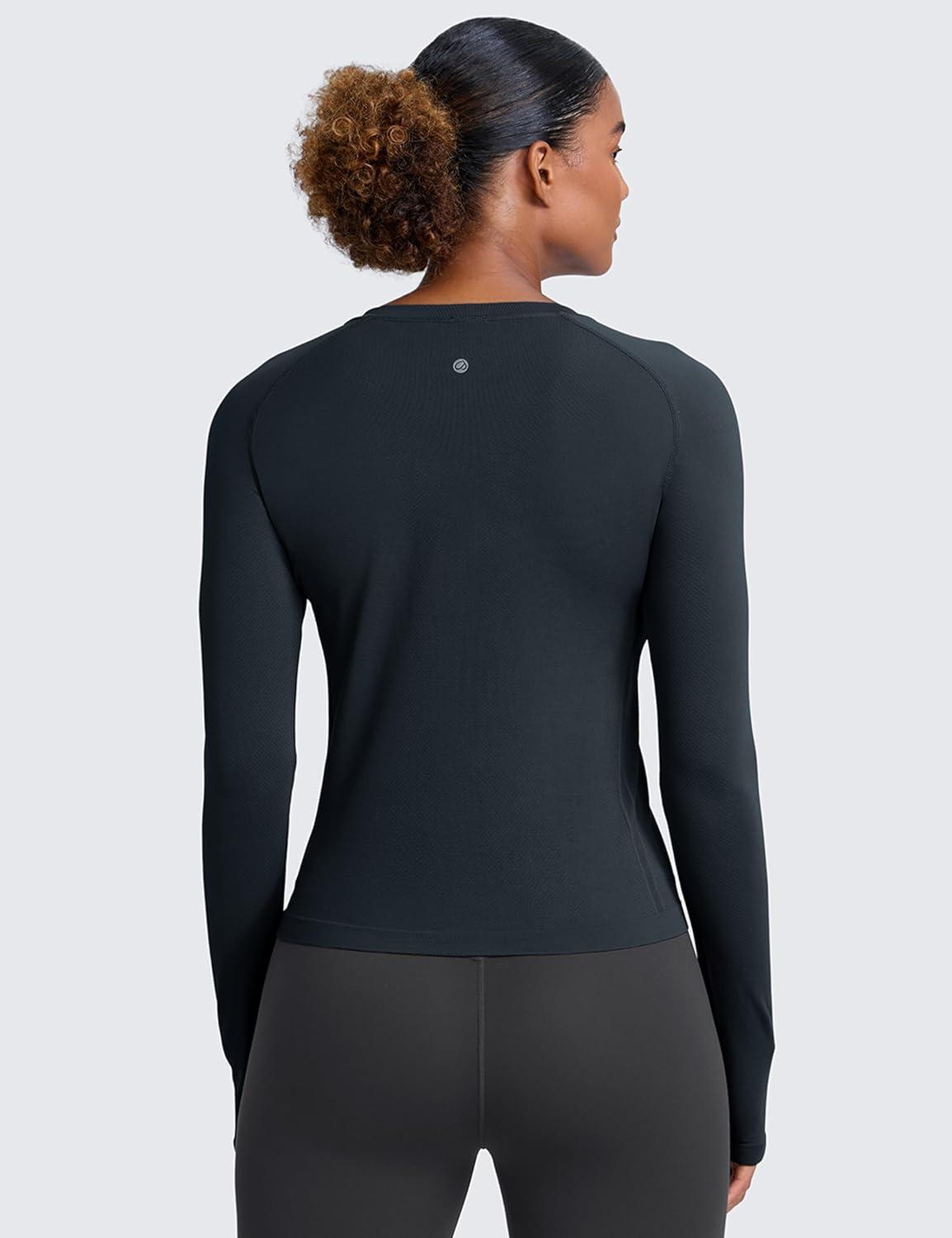 imageCRZ YOGA Seamless Long Sleeve Shirts for Women Waist Length Workout Athletic Running Gym Yoga Tops Crewneck BreathableTrue Navy