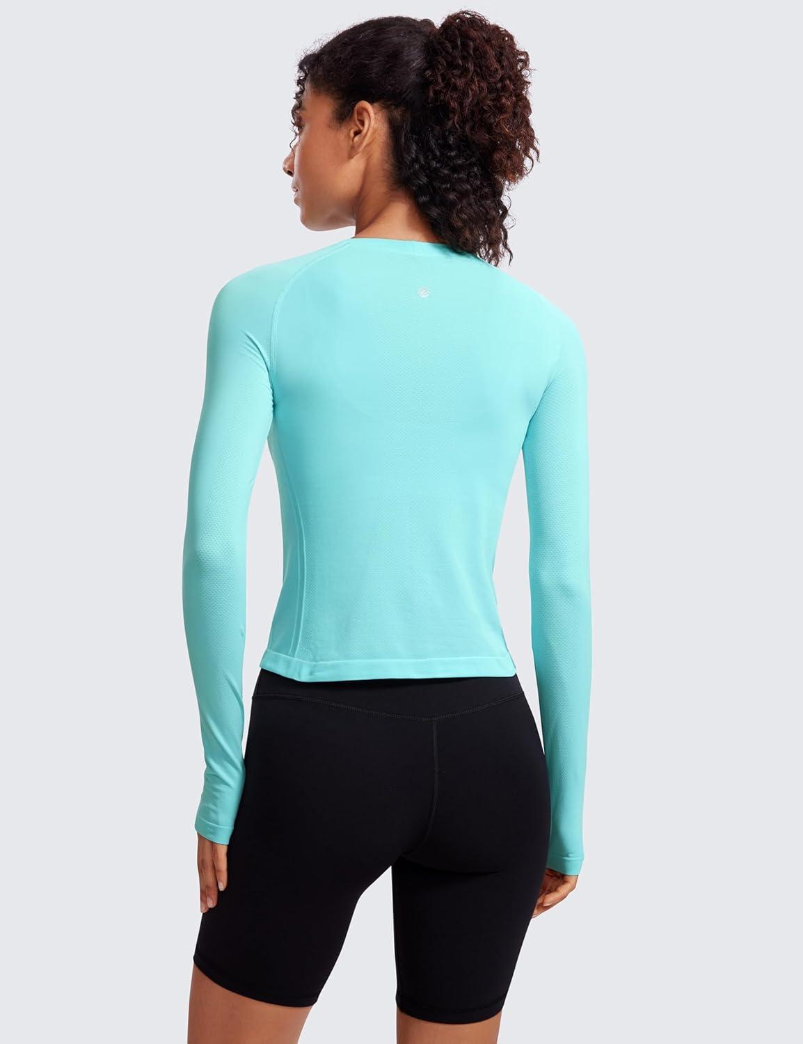 imageCRZ YOGA Seamless Long Sleeve Shirts for Women Waist Length Workout Athletic Running Gym Yoga Tops Crewneck BreathableTurquoise