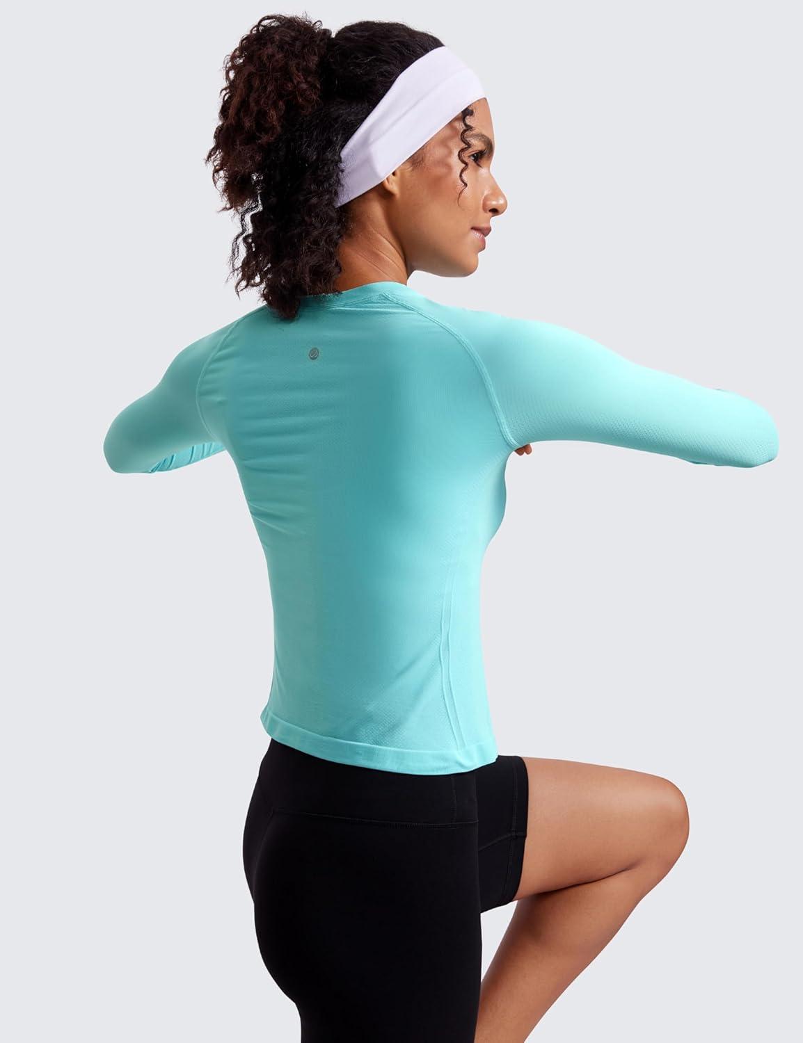 imageCRZ YOGA Seamless Long Sleeve Shirts for Women Waist Length Workout Athletic Running Gym Yoga Tops Crewneck BreathableTurquoise