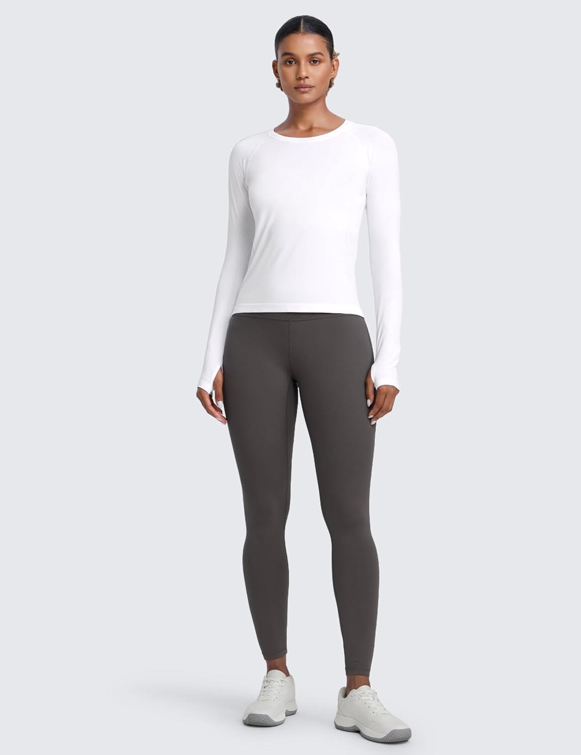 imageCRZ YOGA Seamless Long Sleeve Shirts for Women Waist Length Workout Athletic Running Gym Yoga Tops Crewneck BreathableWhite