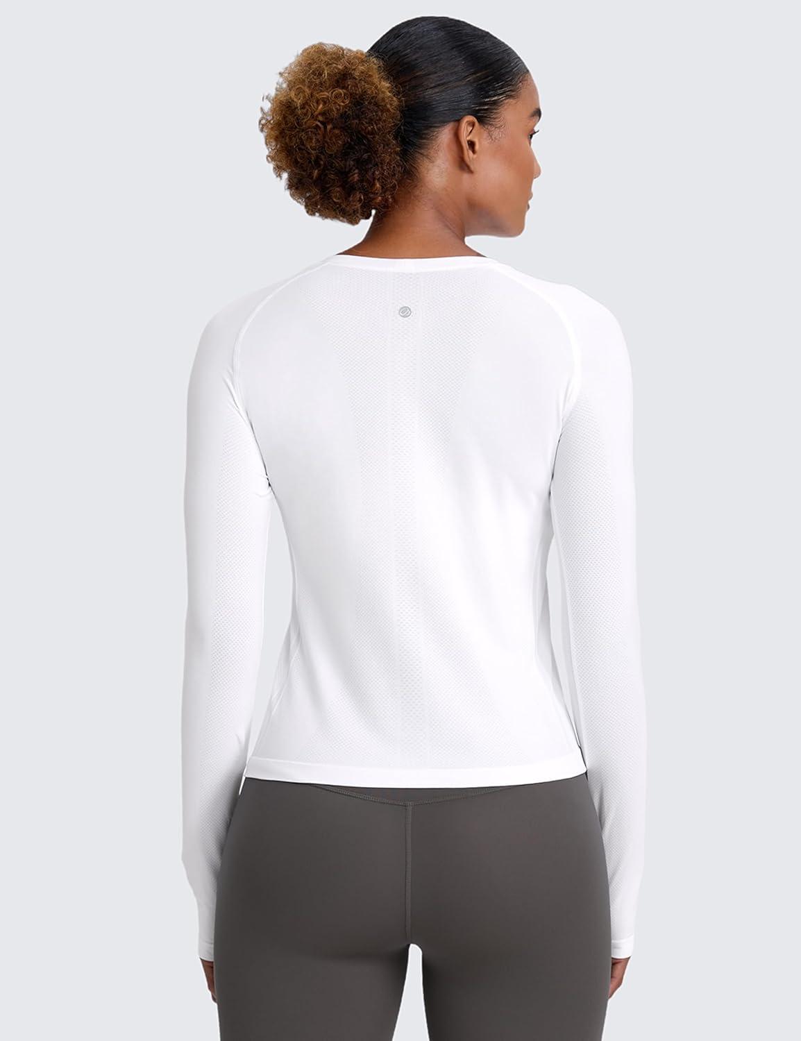 imageCRZ YOGA Seamless Long Sleeve Shirts for Women Waist Length Workout Athletic Running Gym Yoga Tops Crewneck BreathableWhite