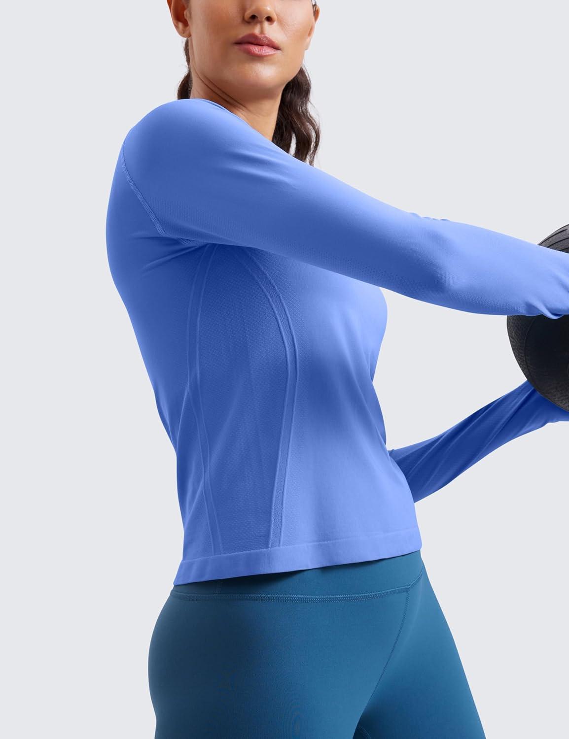 imageCRZ YOGA Seamless Long Sleeve Shirts for Women Waist Length Workout Athletic Running Gym Yoga Tops Crewneck BreathableWild Indigo
