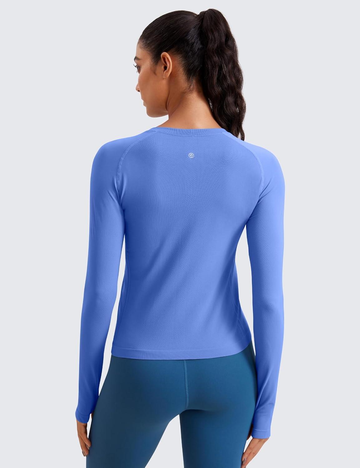 imageCRZ YOGA Seamless Long Sleeve Shirts for Women Waist Length Workout Athletic Running Gym Yoga Tops Crewneck BreathableWild Indigo