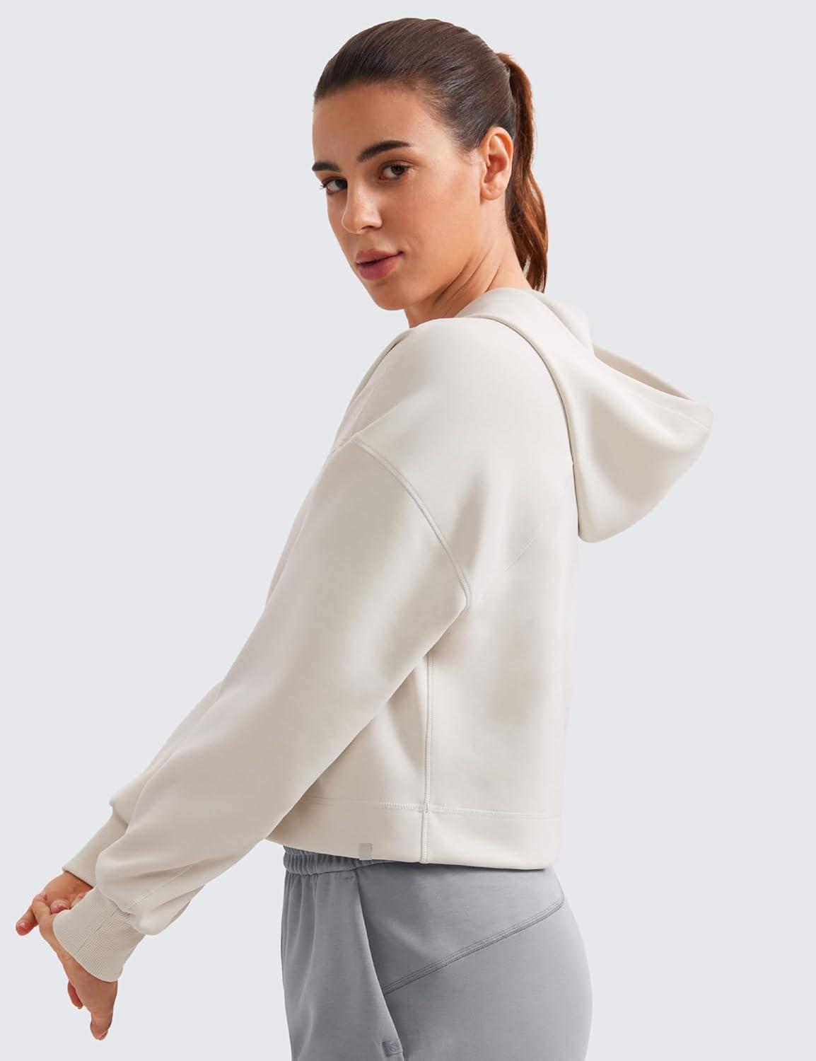 imageCRZ YOGA SoftAura Cropped Hoodies for Women Long Sleeve Pullover Basic Workout Casual Hooded SweatshirtsMilky White