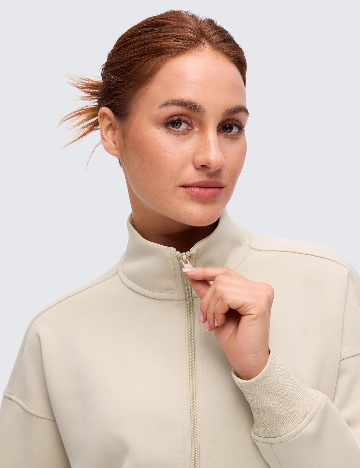 imageCRZ YOGA SoftAura Full Zip Sweatshirt for Women Workout Casual Zipper Funnel Neck Sweat Shirts Jackets with PocketsMojave Tan