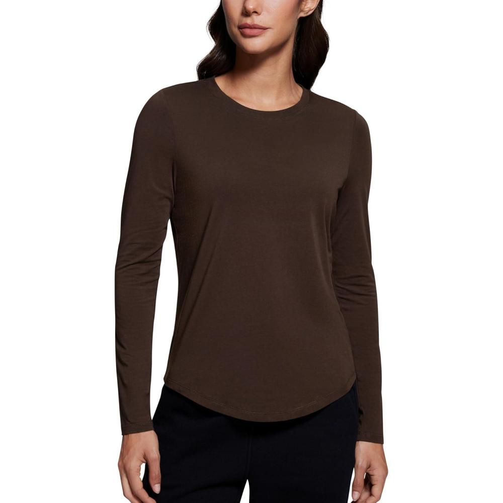 imageCRZ YOGA Pima Cotton Crewneck Long Sleeve Shirts for Women Workout Athletic Yoga Casual Tops Soft Plain TShirtHot Fudge Brown