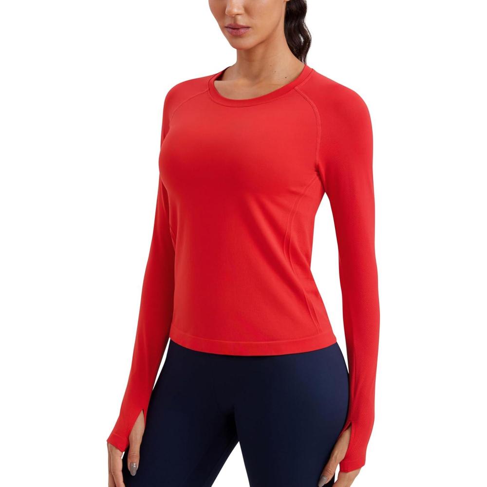 imageCRZ YOGA Seamless Long Sleeve Shirts for Women Waist Length Workout Athletic Running Gym Yoga Tops Crewneck BreathableDeep Red