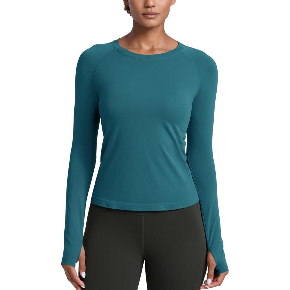 imageCRZ YOGA Seamless Long Sleeve Shirts for Women Waist Length Workout Athletic Running Gym Yoga Tops Crewneck BreathableGreen Jade