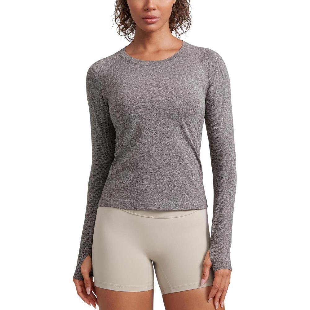 imageCRZ YOGA Seamless Long Sleeve Shirts for Women Waist Length  Workout Athletic Running Gym Yoga Tops Crewneck BreathableHot Fudge Brown Heather
