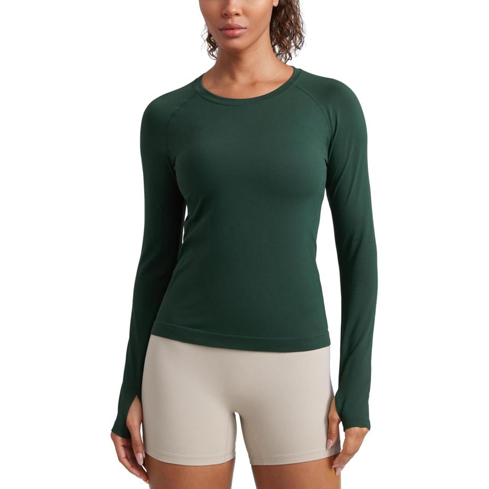 imageCRZ YOGA Seamless Long Sleeve Shirts for Women Waist Length Workout Athletic Running Gym Yoga Tops Crewneck BreathableLegend Green