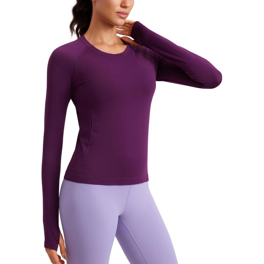 imageCRZ YOGA Seamless Long Sleeve Shirts for Women Waist Length  Workout Athletic Running Gym Yoga Tops Crewneck BreathablePlum Magenta