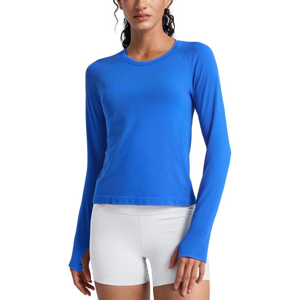 imageCRZ YOGA Seamless Long Sleeve Shirts for Women Waist Length Workout Athletic Running Gym Yoga Tops Crewneck BreathableSparkle Blue