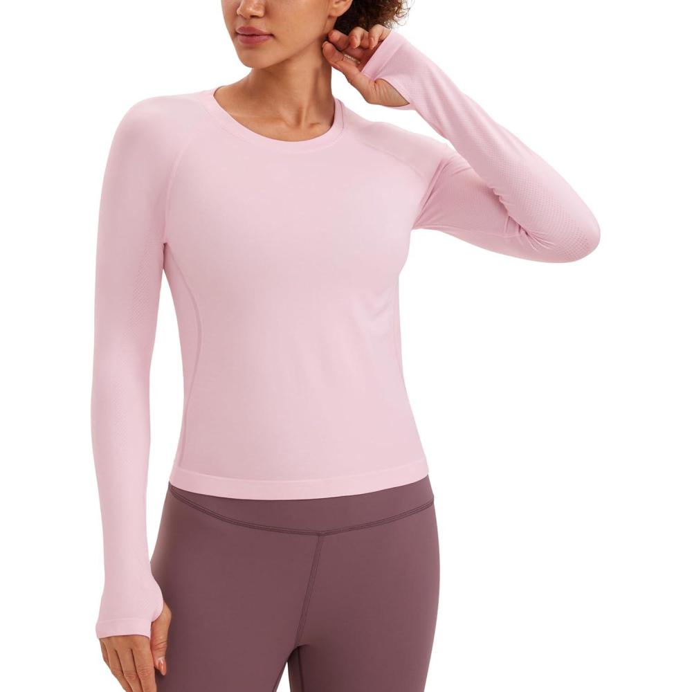 imageCRZ YOGA Seamless Long Sleeve Shirts for Women Waist Length Workout Athletic Running Gym Yoga Tops Crewneck BreathableStrawberry Pink
