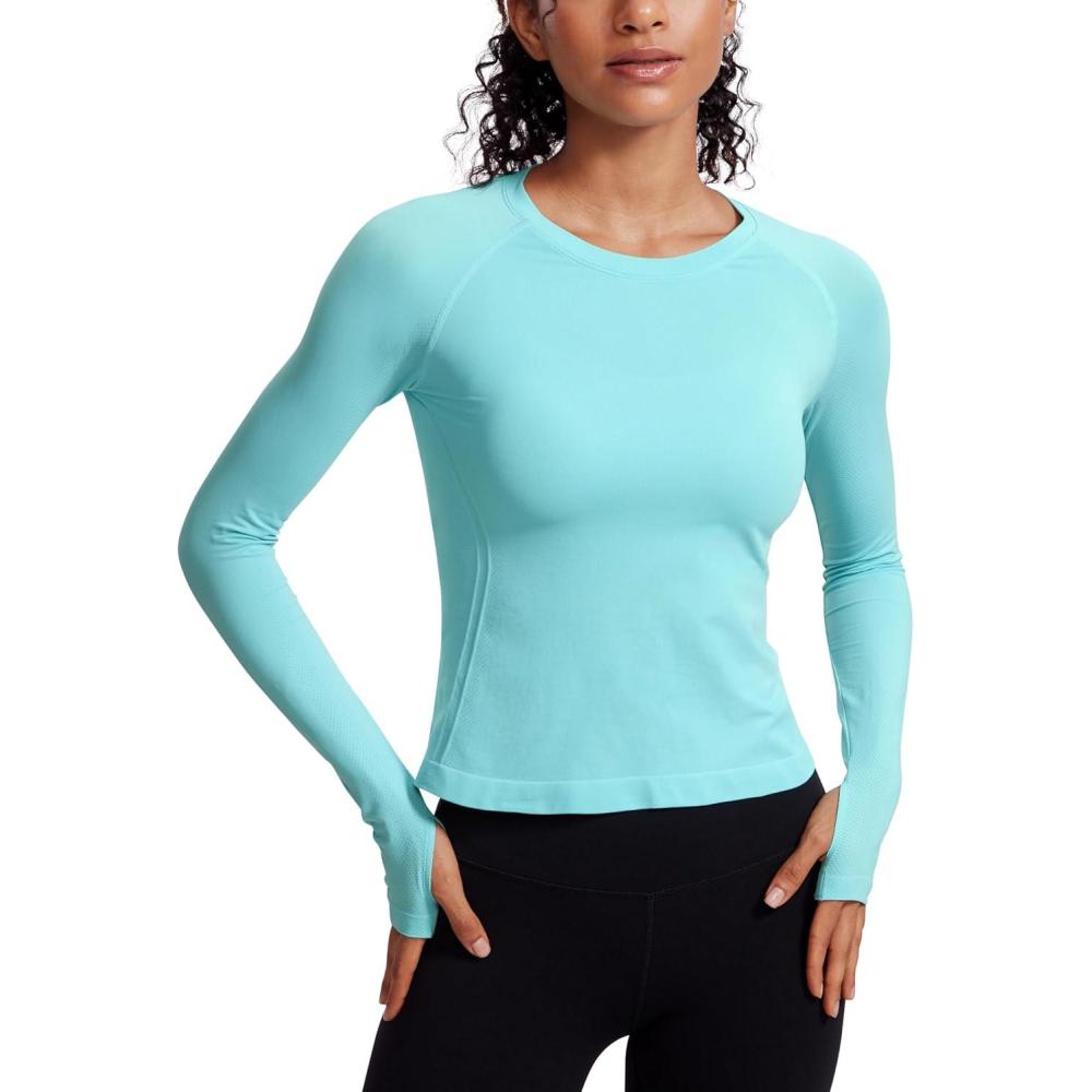 imageCRZ YOGA Seamless Long Sleeve Shirts for Women Waist Length Workout Athletic Running Gym Yoga Tops Crewneck BreathableTurquoise
