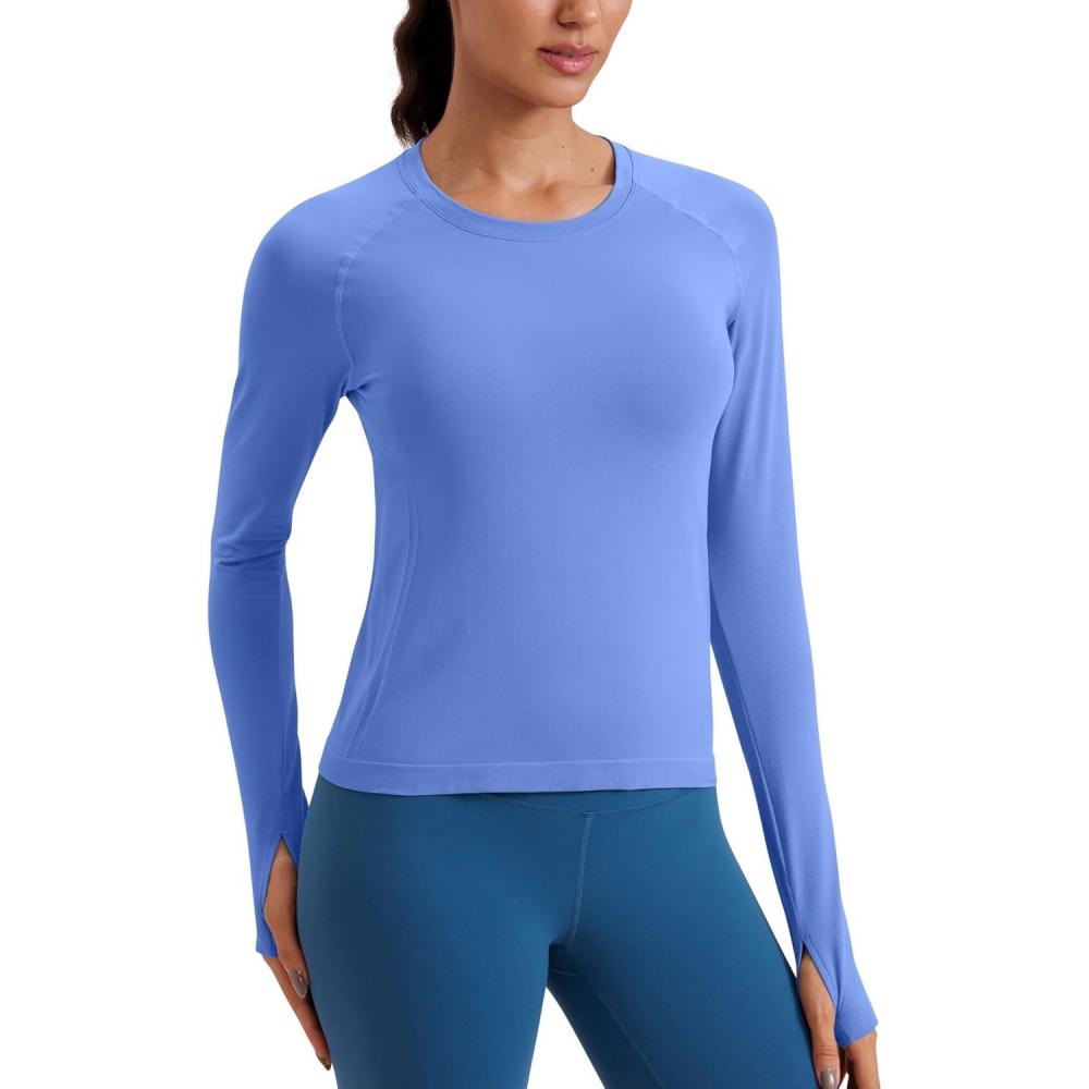 imageCRZ YOGA Seamless Long Sleeve Shirts for Women Waist Length Workout Athletic Running Gym Yoga Tops Crewneck BreathableWild Indigo