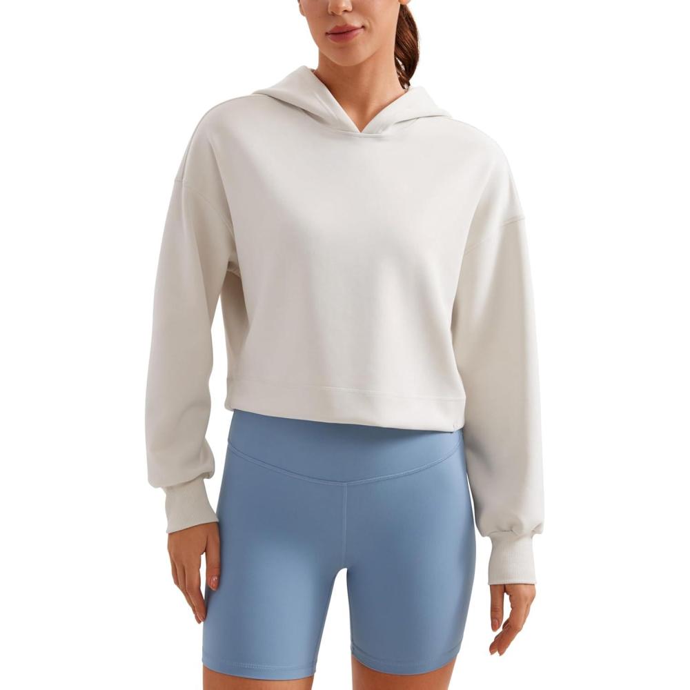 imageCRZ YOGA SoftAura Cropped Hoodies for Women Long Sleeve Pullover Basic Workout Casual Hooded SweatshirtsMilky White