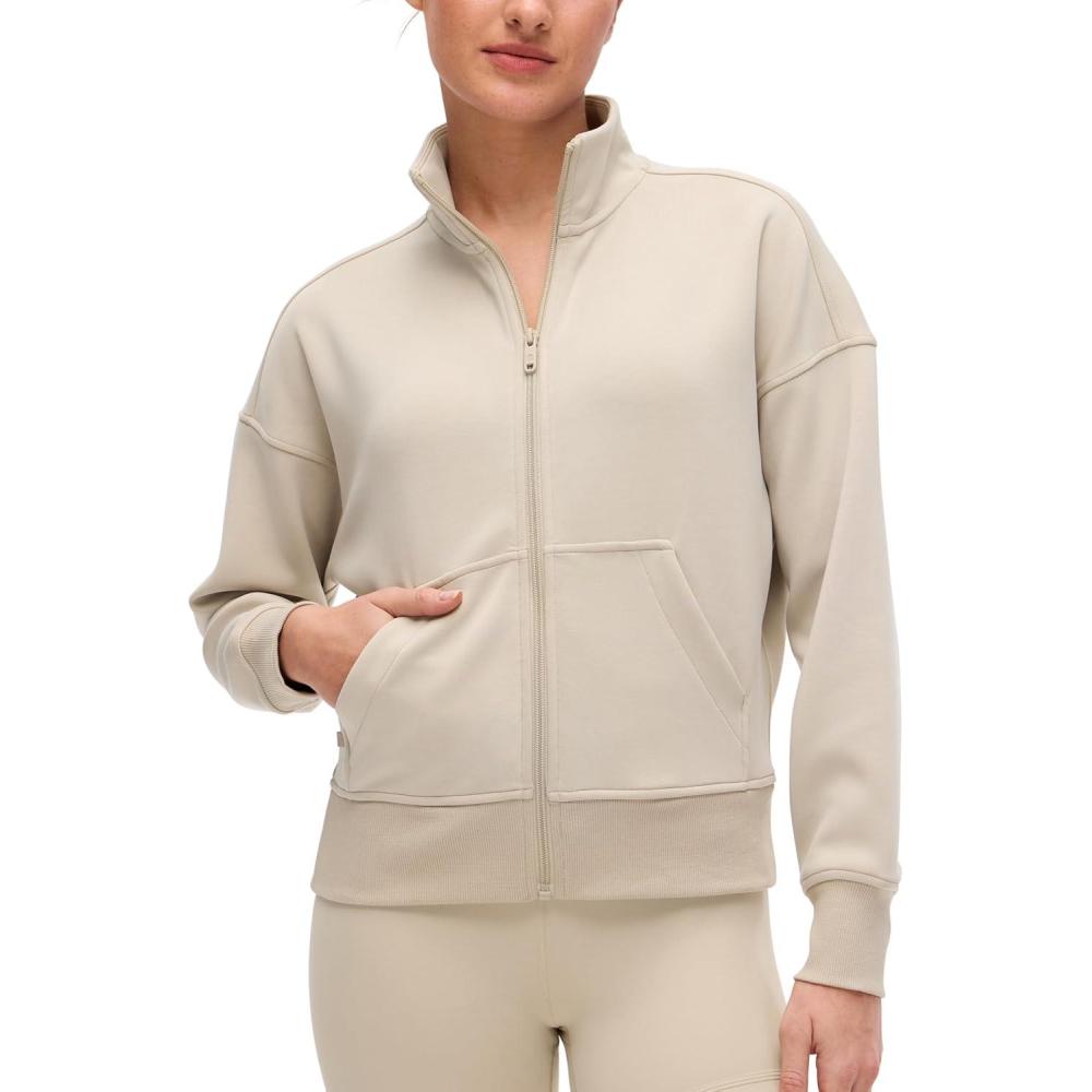 imageCRZ YOGA SoftAura Full Zip Sweatshirt for Women Workout Casual Zipper Funnel Neck Sweat Shirts Jackets with PocketsMojave Tan