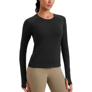 CRZ YOGA Seamless Long Sleeve Shirts for Women Waist Length – Workout Athletic Running Gym Yoga Tops Crewneck Breathable(Black)