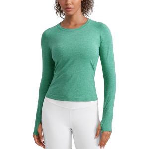 CRZ YOGA Seamless Long Sleeve Shirts for Women Waist Length – Workout Athletic Running Gym Yoga Tops Crewneck Breathable(Cascadia Green Heather)
