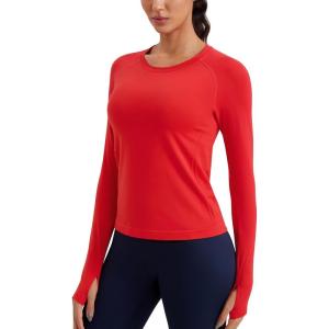CRZ YOGA Seamless Long Sleeve Shirts for Women Waist Length – Workout Athletic Running Gym Yoga Tops Crewneck Breathable(Deep Red)