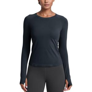 CRZ YOGA Seamless Long Sleeve Shirts for Women Waist Length – Workout Athletic Running Gym Yoga Tops Crewneck Breathable(True Navy)