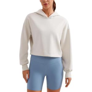 CRZ YOGA SoftAura Cropped Hoodies for Women – Long Sleeve Pullover Basic Workout Casual Hooded Sweatshirts(Milky White)