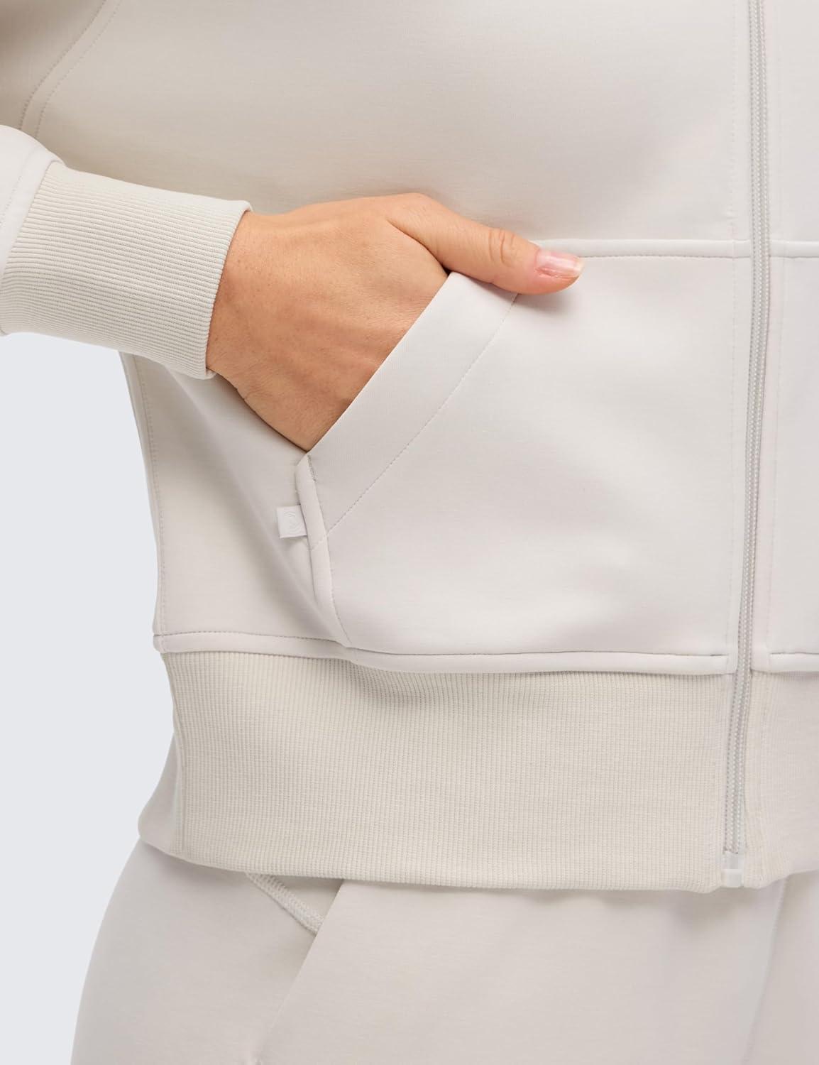 imageCRZ YOGA SoftAura Full Zip Hoodies for Women  Workout Casual Zipper Hooded Sweat Shirts with PocketsMilky White