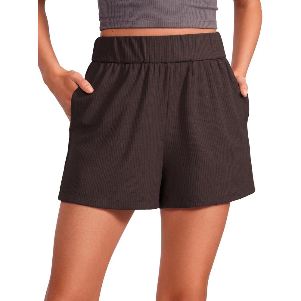 imageCRZ YOGA Comfy Ribbed Sweat Shorts for Women 3quot High Waisted Lyocell for Casual Lounge Athletic Jersey with PocketsHot Fudge Brown