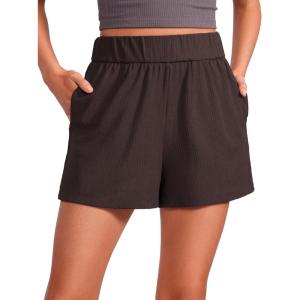 CRZ YOGA Comfy Ribbed Sweat Shorts for Women 3″ – High Waisted Lyocell for Casual Lounge Athletic Jersey with Pockets(Hot Fudge Brown)