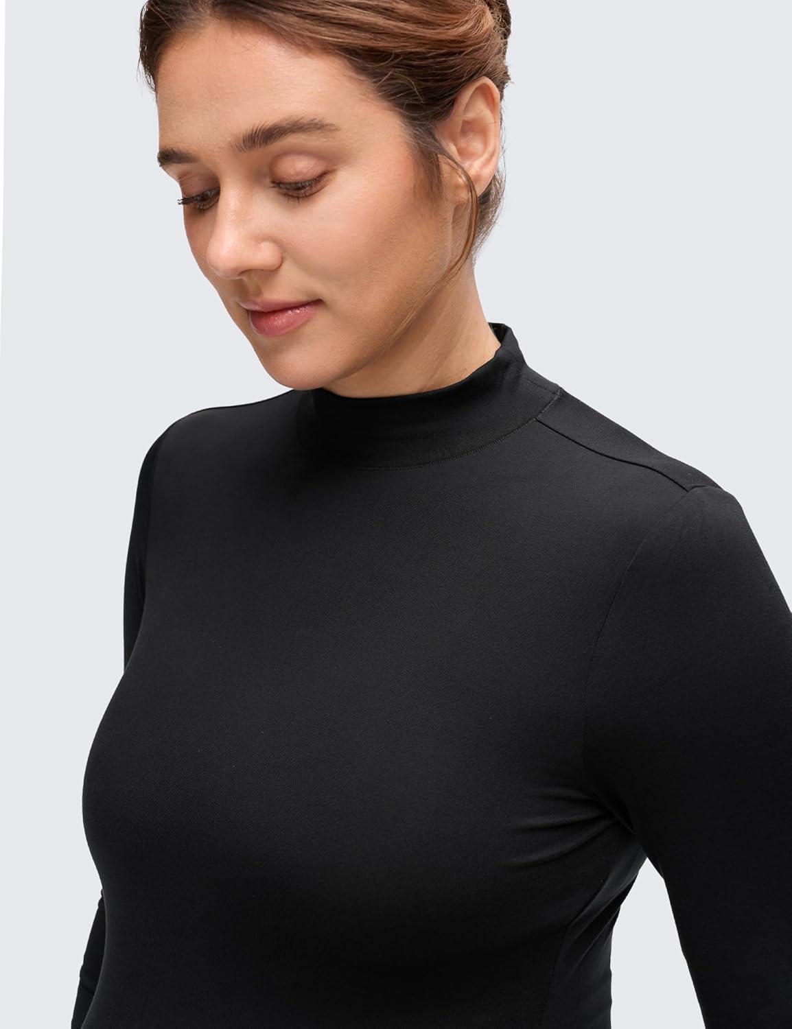 imageCRZ YOGA Cloud Jersey Maternity Long Sleeve Shirts Mock Neck Side Ruched Casual Workout Athletic Pregnancy Womens Tops TeeBlack