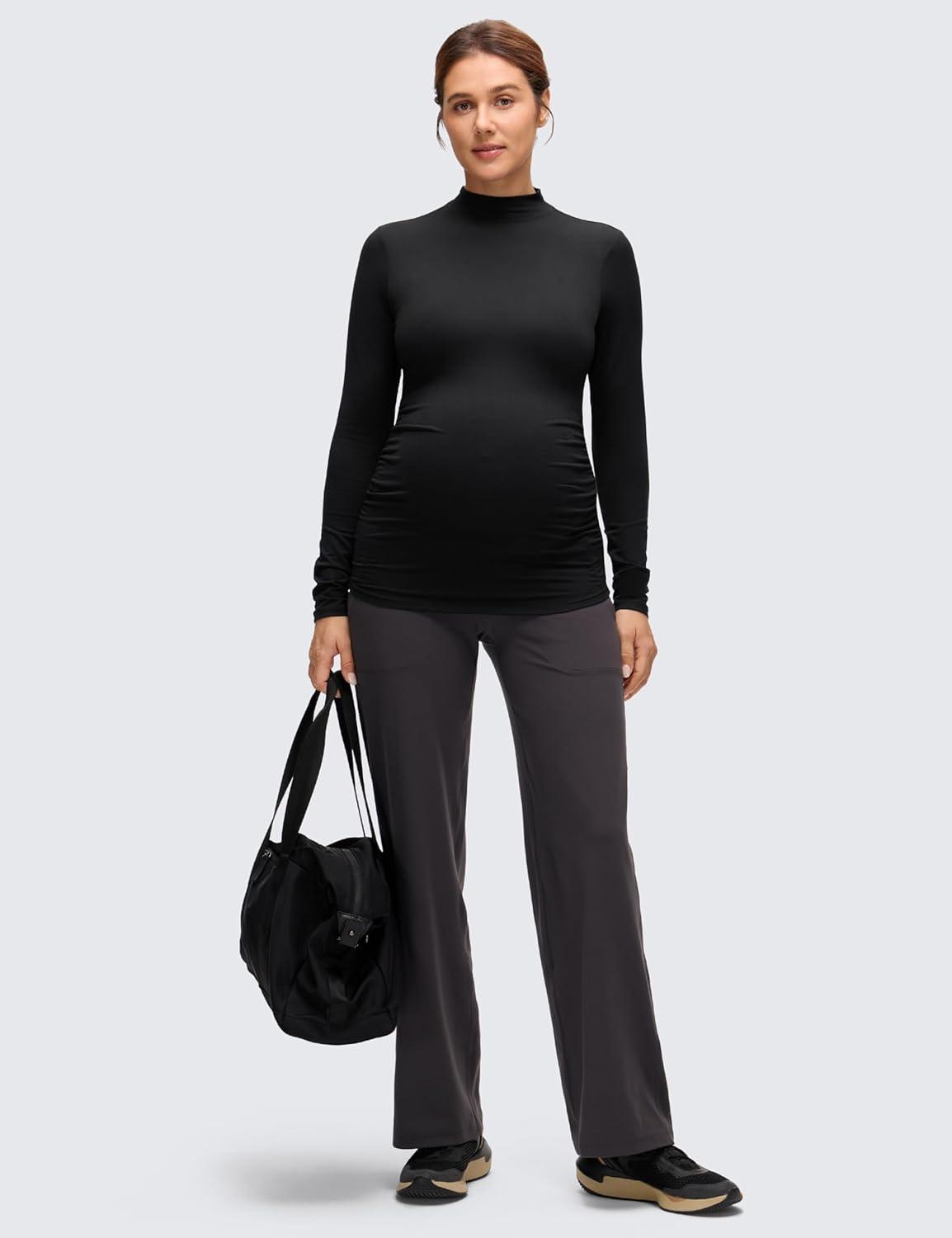 imageCRZ YOGA Cloud Jersey Maternity Long Sleeve Shirts Mock Neck Side Ruched Casual Workout Athletic Pregnancy Womens Tops TeeBlack
