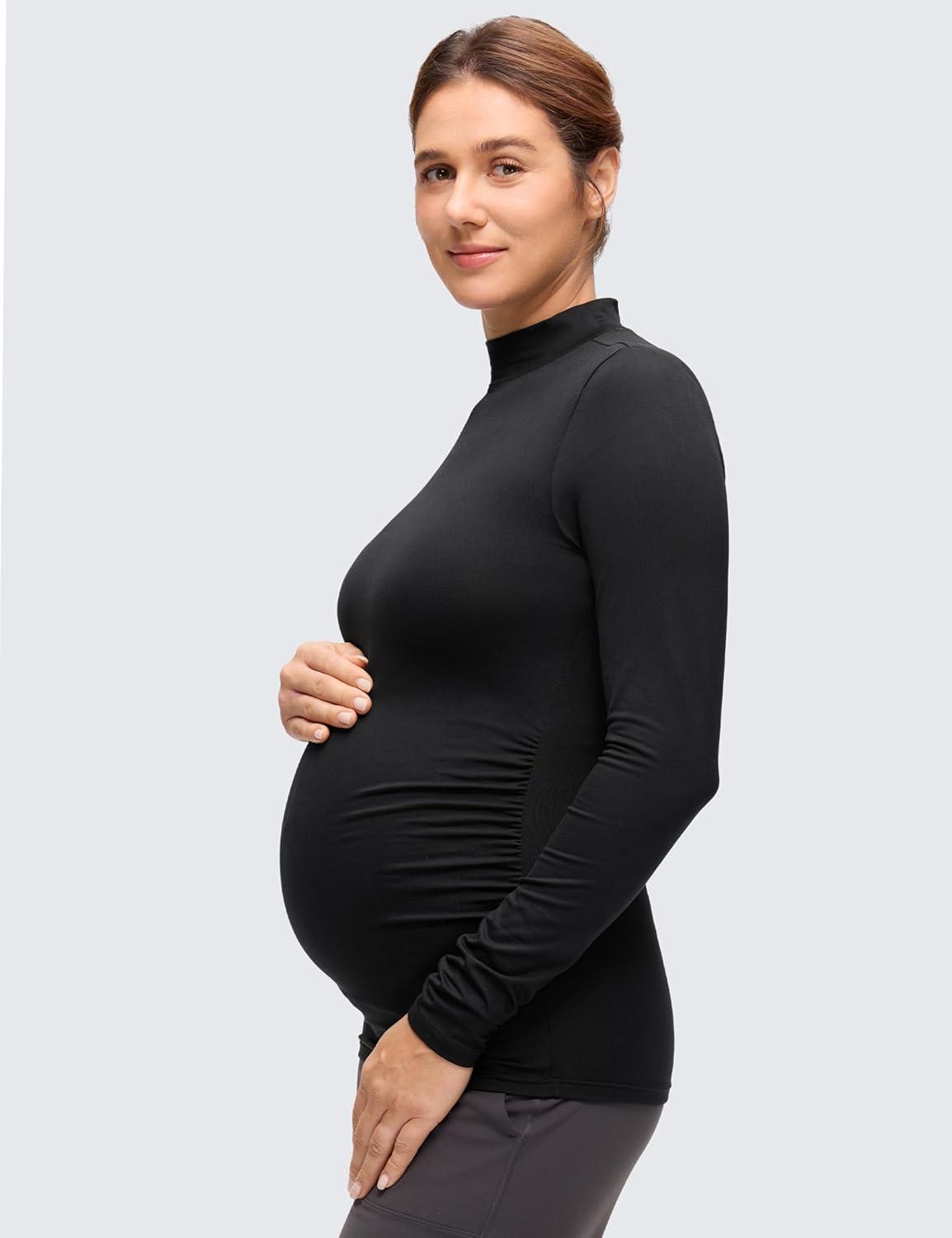 imageCRZ YOGA Cloud Jersey Maternity Long Sleeve Shirts Mock Neck Side Ruched Casual Workout Athletic Pregnancy Womens Tops TeeBlack