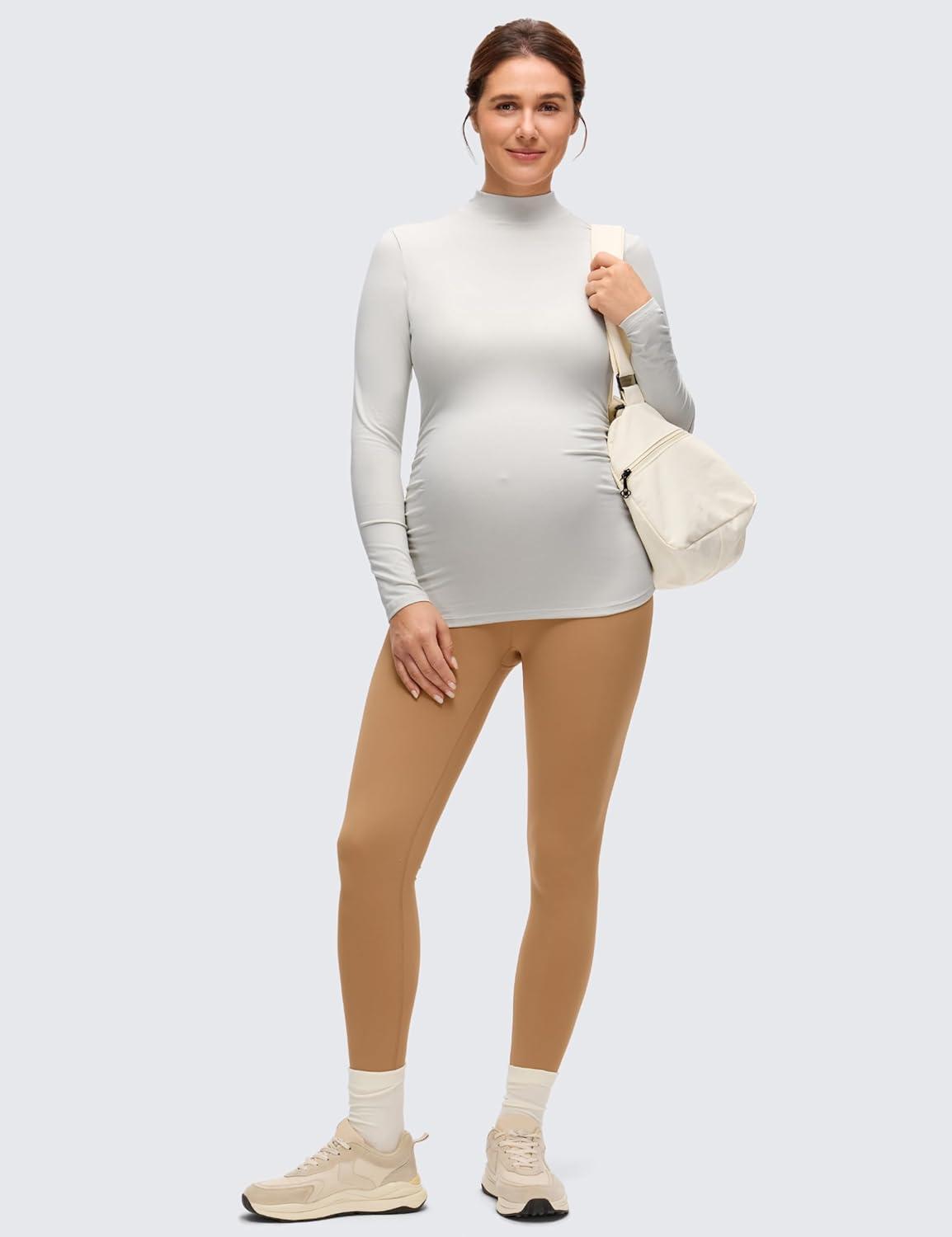 imageCRZ YOGA Cloud Jersey Maternity Long Sleeve Shirts Mock Neck Side Ruched Casual Workout Athletic Pregnancy Womens Tops TeeMilky White Bone