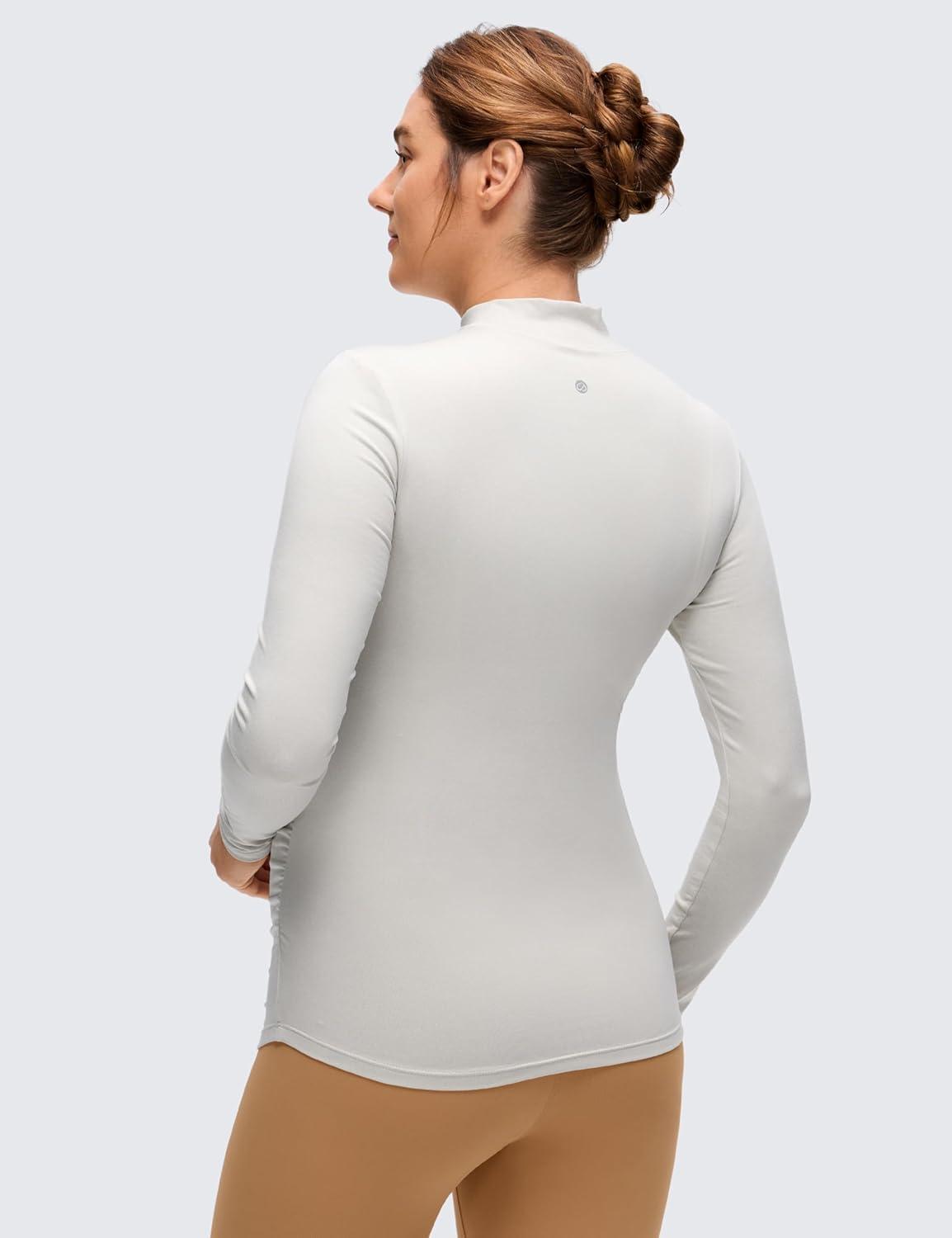 imageCRZ YOGA Cloud Jersey Maternity Long Sleeve Shirts Mock Neck Side Ruched Casual Workout Athletic Pregnancy Womens Tops TeeMilky White Bone