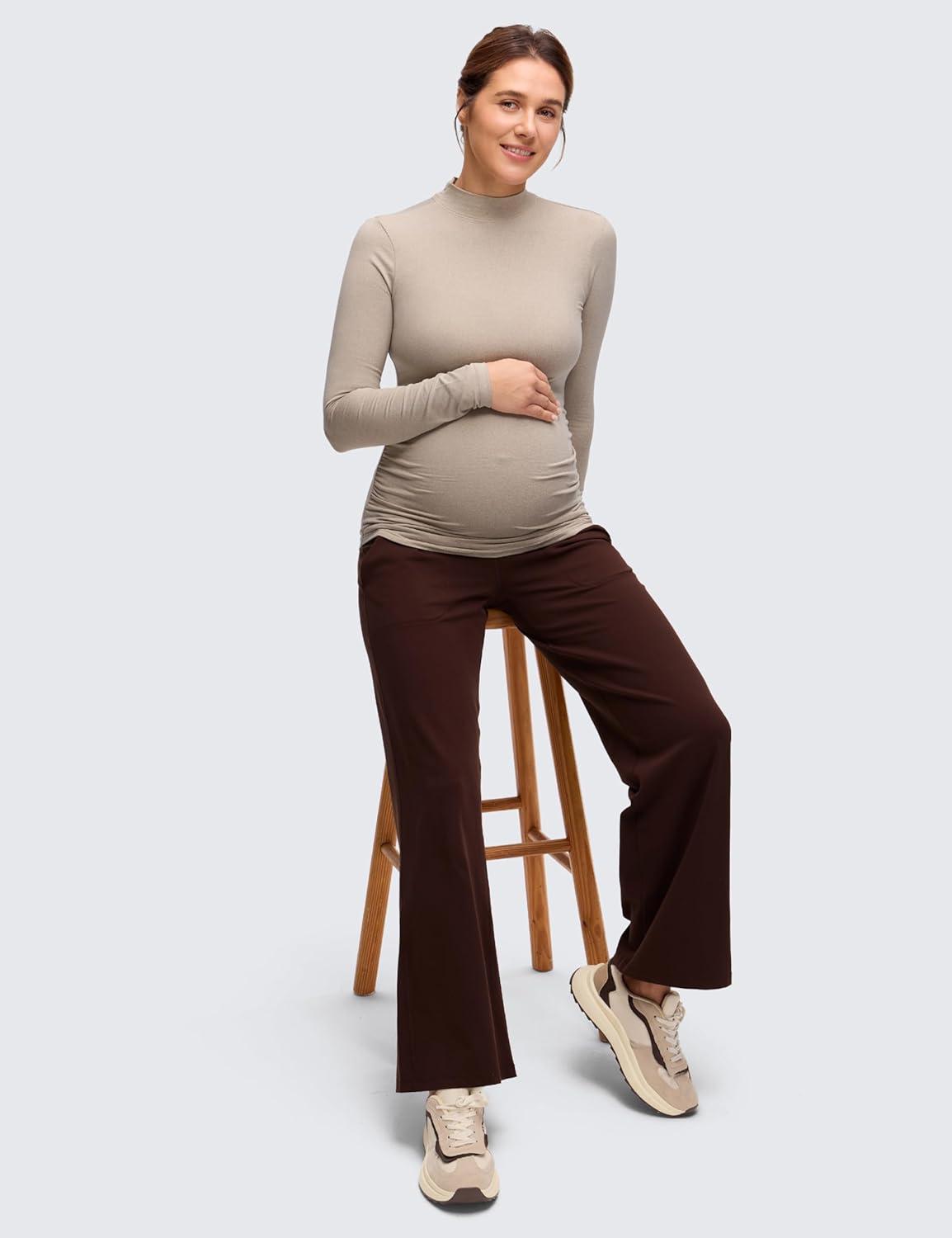 imageCRZ YOGA Cloud Jersey Maternity Long Sleeve Shirts Mock Neck Side Ruched Casual Workout Athletic Pregnancy Womens Tops TeeMojave Tan
