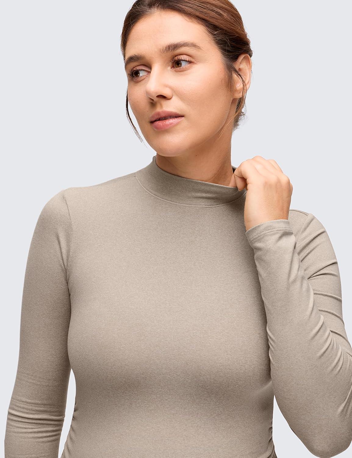imageCRZ YOGA Cloud Jersey Maternity Long Sleeve Shirts Mock Neck Side Ruched Casual Workout Athletic Pregnancy Womens Tops TeeMojave Tan