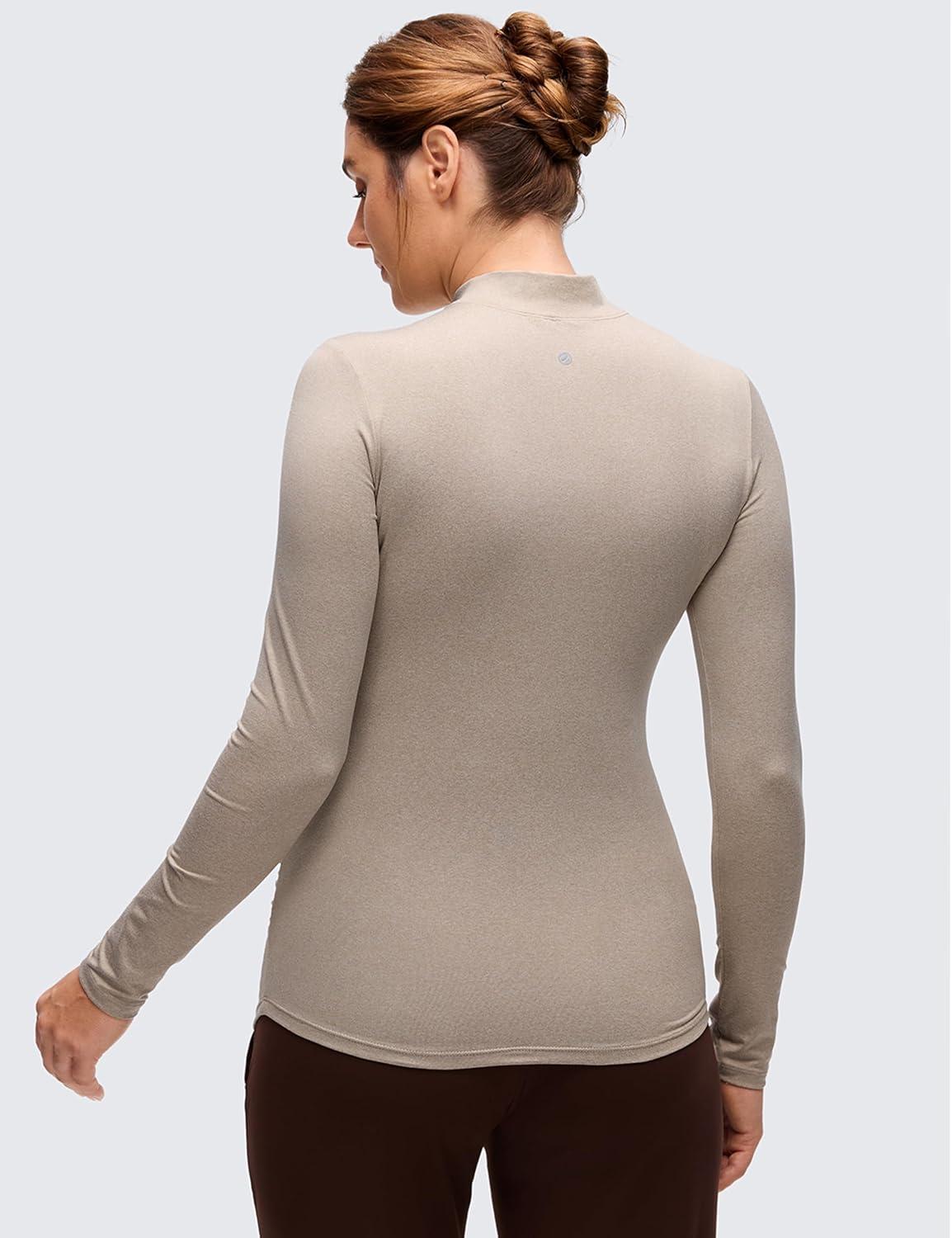 imageCRZ YOGA Cloud Jersey Maternity Long Sleeve Shirts Mock Neck Side Ruched Casual Workout Athletic Pregnancy Womens Tops TeeMojave Tan