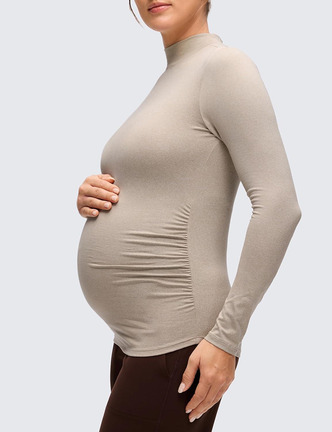 imageCRZ YOGA Cloud Jersey Maternity Long Sleeve Shirts Mock Neck Side Ruched Casual Workout Athletic Pregnancy Womens Tops TeeMojave Tan