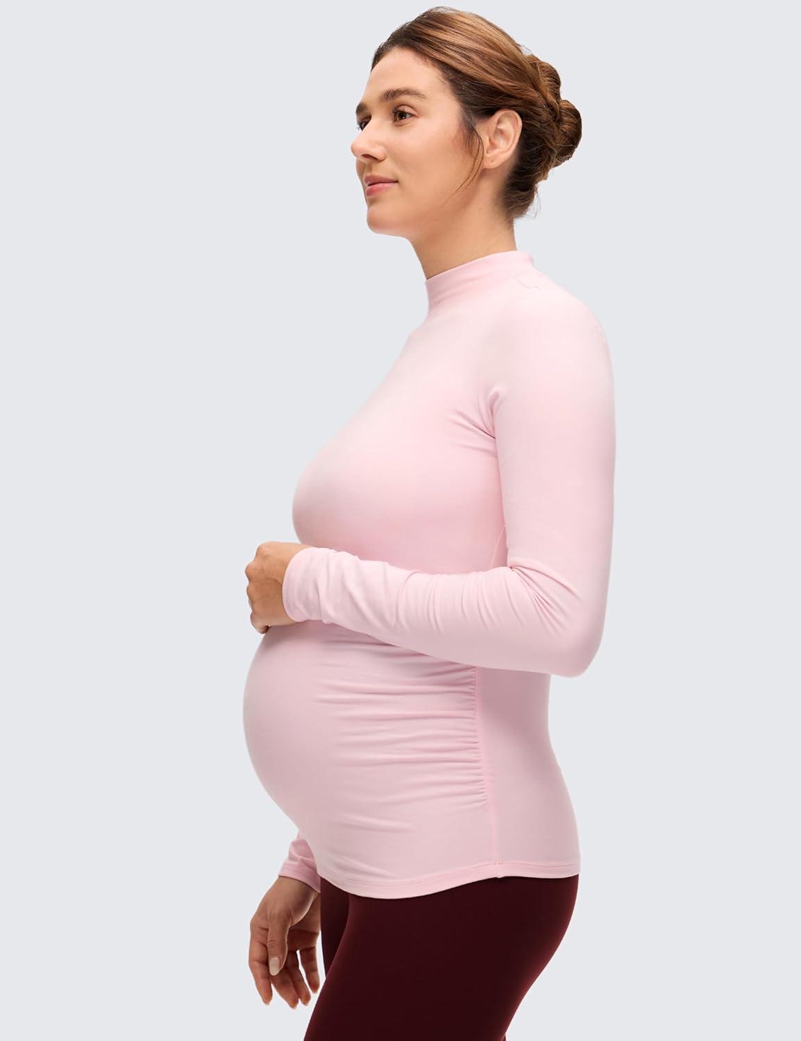 imageCRZ YOGA Cloud Jersey Maternity Long Sleeve Shirts Mock Neck Side Ruched Casual Workout Athletic Pregnancy Womens Tops TeeStrawberry Pink