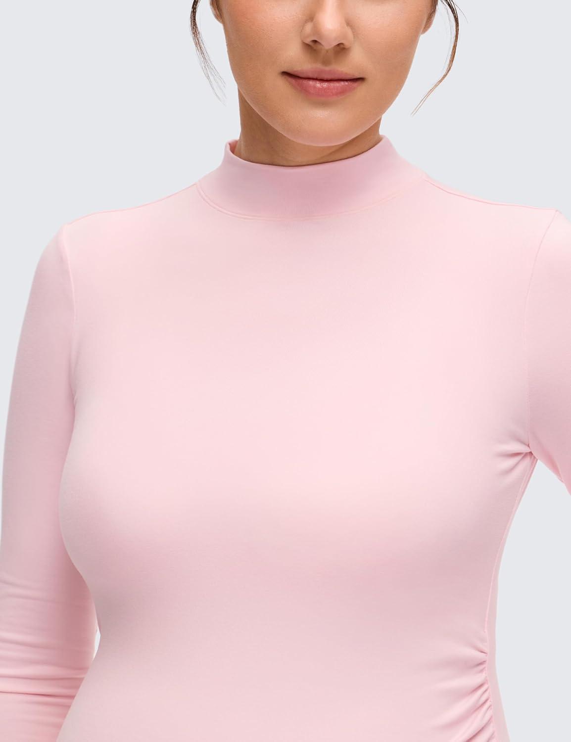 imageCRZ YOGA Cloud Jersey Maternity Long Sleeve Shirts Mock Neck Side Ruched Casual Workout Athletic Pregnancy Womens Tops TeeStrawberry Pink