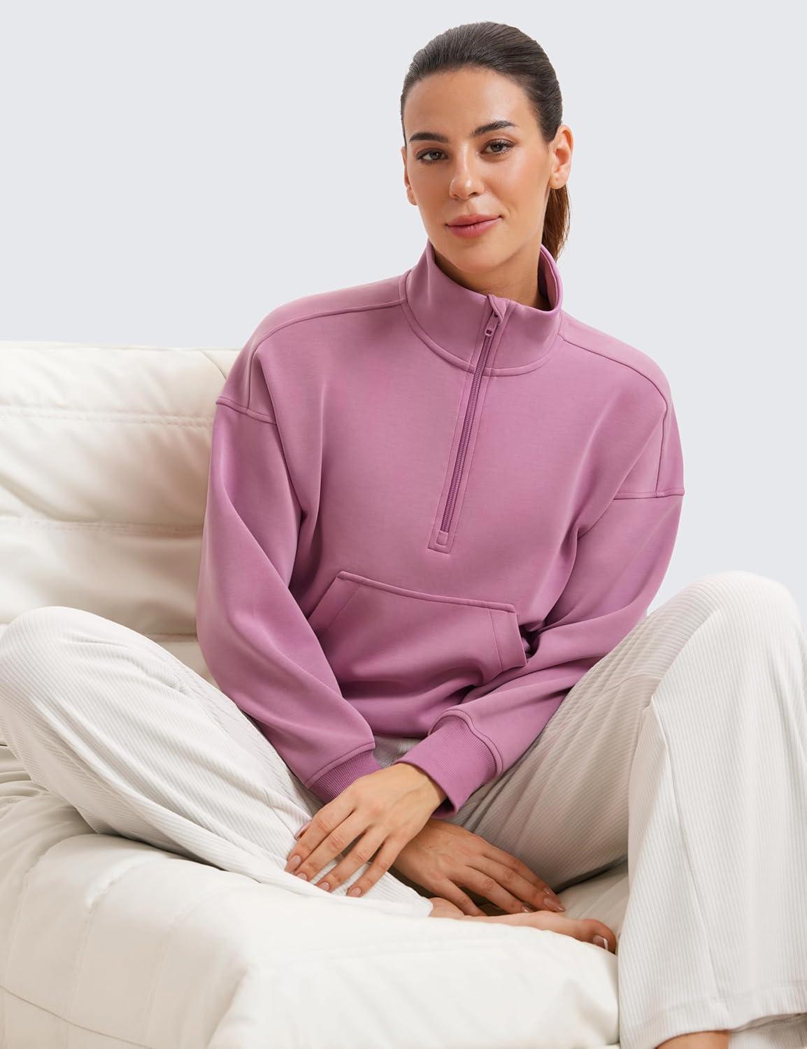 imageCRZ YOGA SoftAura Half Zip Sweatshirt for Women Pullover Workout Casual Funnel Neck Sweat Shirts with PocketVelvet Dust