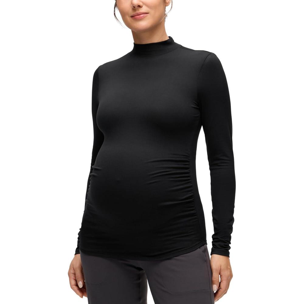 imageCRZ YOGA Cloud Jersey Maternity Long Sleeve Shirts Mock Neck Side Ruched Casual Workout Athletic Pregnancy Womens Tops TeeBlack