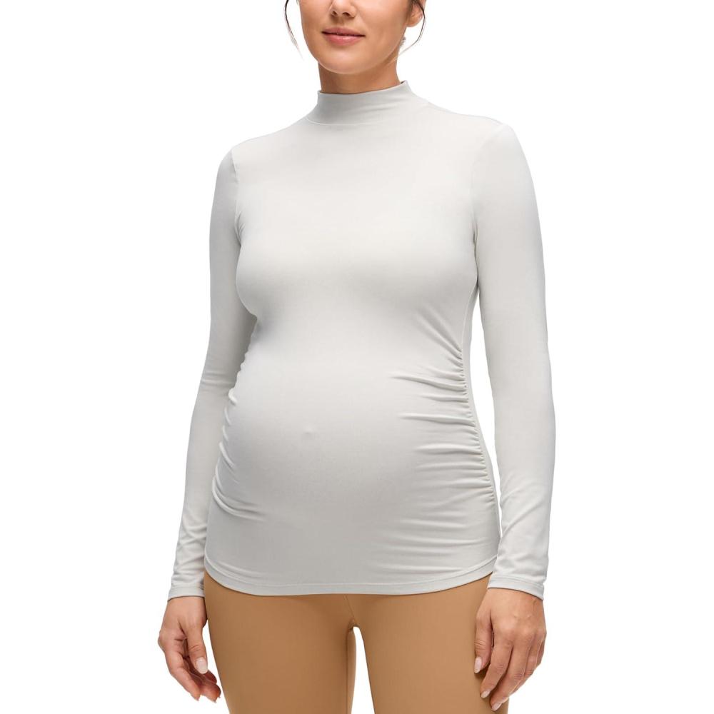 imageCRZ YOGA Cloud Jersey Maternity Long Sleeve Shirts Mock Neck Side Ruched Casual Workout Athletic Pregnancy Womens Tops TeeMilky White Bone