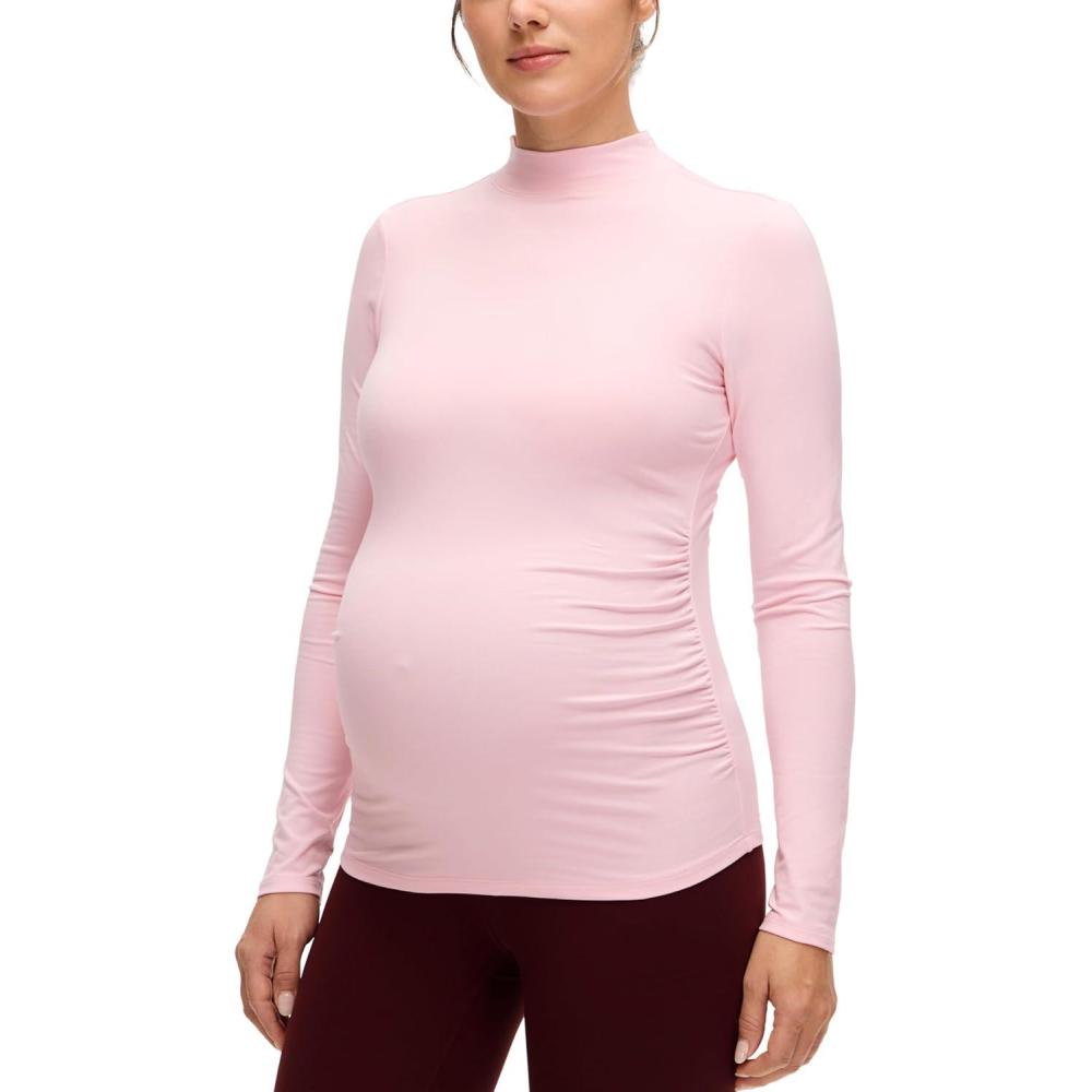 imageCRZ YOGA Cloud Jersey Maternity Long Sleeve Shirts Mock Neck Side Ruched Casual Workout Athletic Pregnancy Womens Tops TeeStrawberry Pink