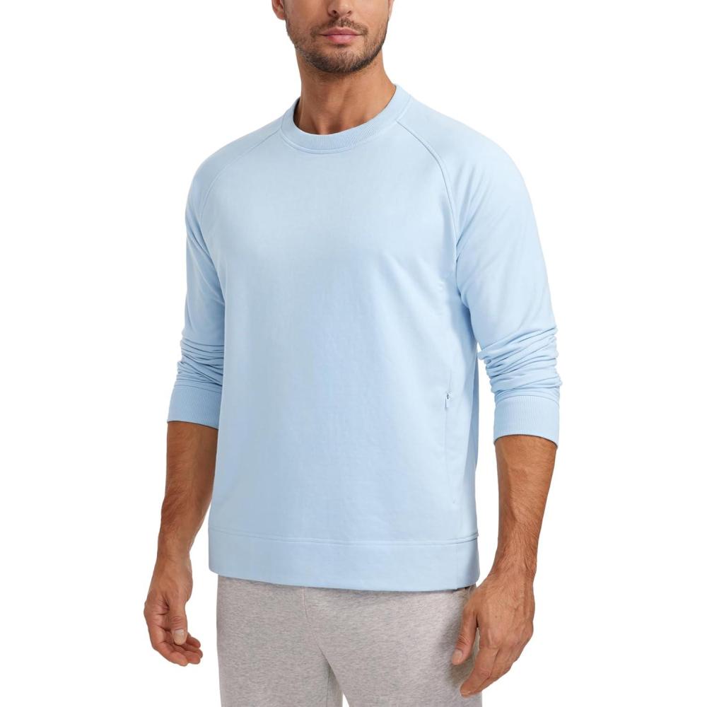 imageCRZ YOGA Mens Crewneck Sweatshirts French Terry Athletic Workout Sweat Shirts Casual Pullover Tops with Zipper PocketChambray Blue