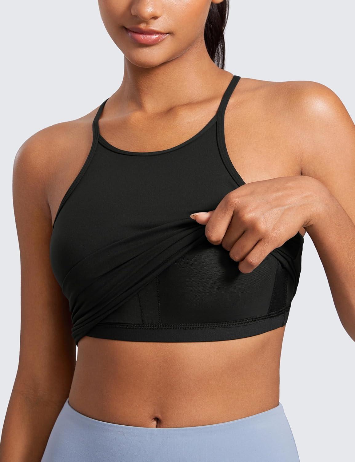 imageCRZ YOGA Butterluxe Womens Y Back Workout Crop Tank Top with Built in Bra Padded Halter High Neck Yoga CamisoleBlack